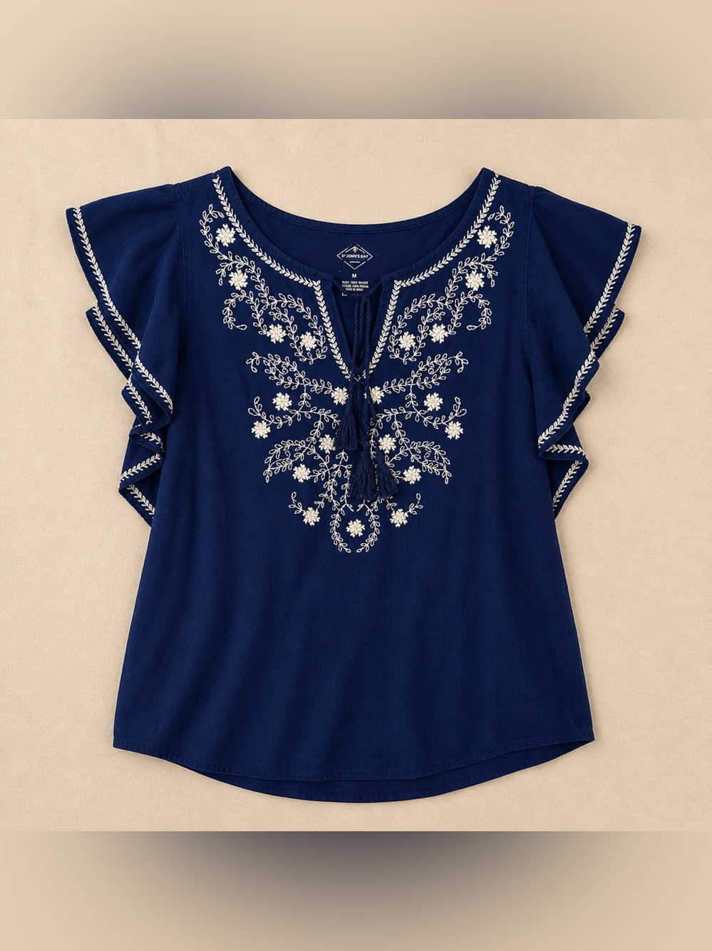 St. John’s Bay Navy Embroidered Boho Peasant Coastal Top Tassel Flutter Sleeve M - Picture 6 of 17